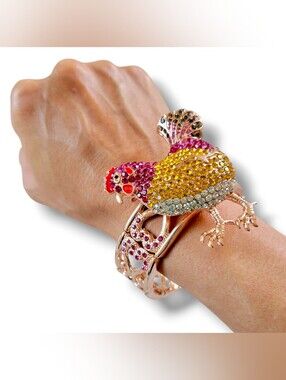 NWOT Rose Gold Tone Crystal Jeweled Chicken Brooch Statement Bracelet